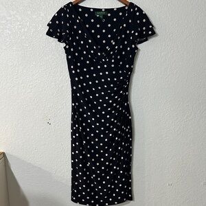 Lauren Ralph Lauren Polka Dot Ruched Waist Ruffle Sleeves Stretch Size 4